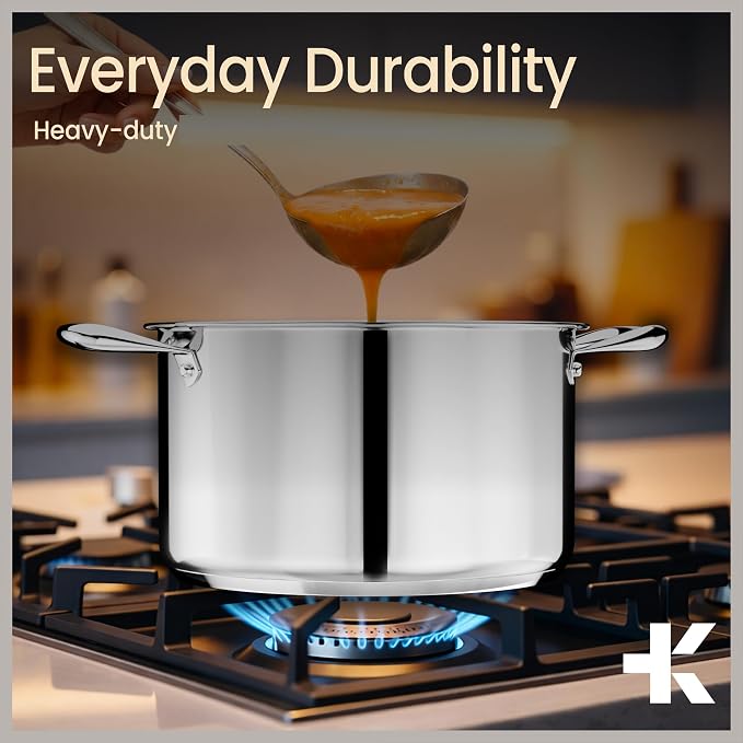 Stainless Steel Stockpot with Tempered Glass Lid 8 Quart, Durable 18/0 Stainless Steel, Impact-Bonded Base for Even Heating, Riveted Handles, Oven & All Stove Compatible, Safe Up To 500°F (260°C) - Image 7
