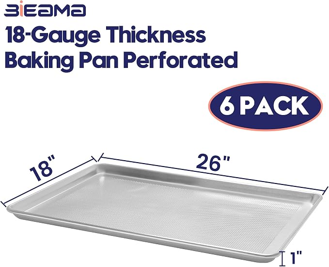 BIEAMA 6 Pack Full Size 18" x 26" Aluminum Baking Sheet Pan Perforated, Commercial Bakery Equipment Cookie Sheets, NSF Approved Baking Tray | Aluminum Commercial Bakery Equipment Cookie Sheets, NSF Approved Baking Tray - Image 2