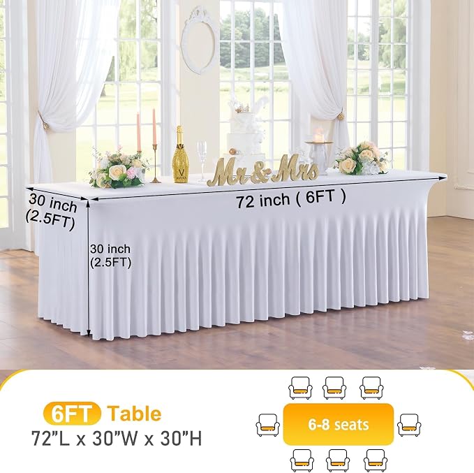 CO-AVE 2pack White Spandex Table Skirt for 6 Foot Rectangle Tables, Wrinkle Free 6FT Stretchy Fitted Table Covers Cloths for Weddings Birthday Party Events Banquette Baby Shower - Image 6