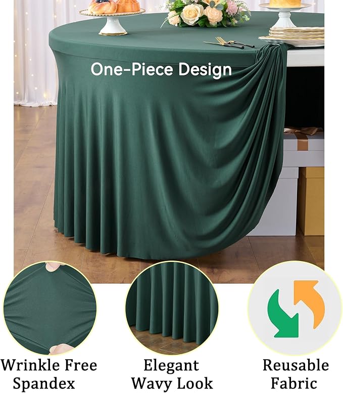 8 Pack Hunter Green Spandex Round Tablecloths for 72 inch Table, Stretchy 132inch Fitted 6FT Round Table Cloths, Wrinkle Free Table Cover with Skirt for Wedding Party Dining Banquet - Image 3