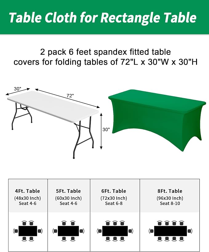 Fixwal 2 Pack 6FT Green Tablecloth Rectangle Spandex Fitted Table Cover - Image 3