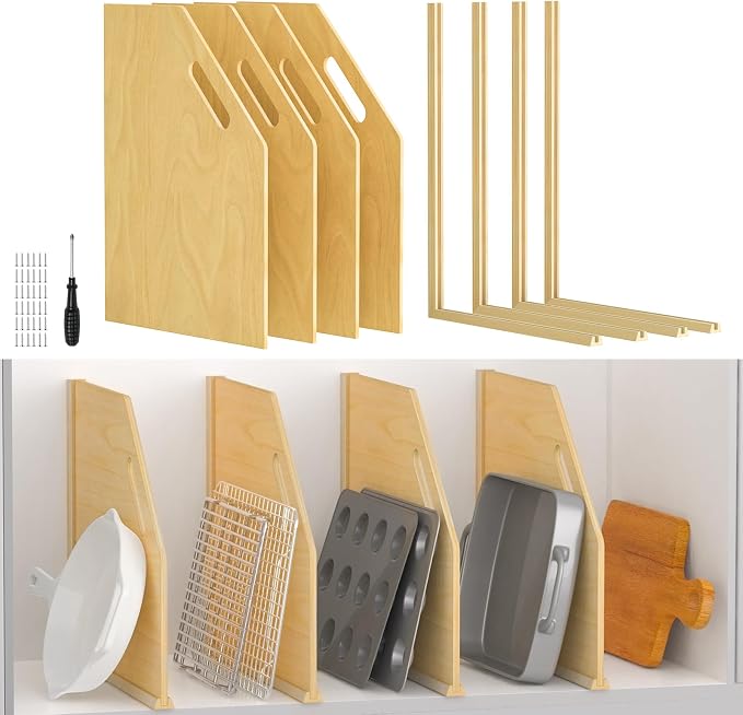 4 Pack Wood Tray Dividers For Cabinets, Adjustable Vertical Cookie Sheet Organizer for cabinet, Tray Dividers Organizer For Pots, Cutting Board, Pans, Lids, Baking Sheets And More by viespe