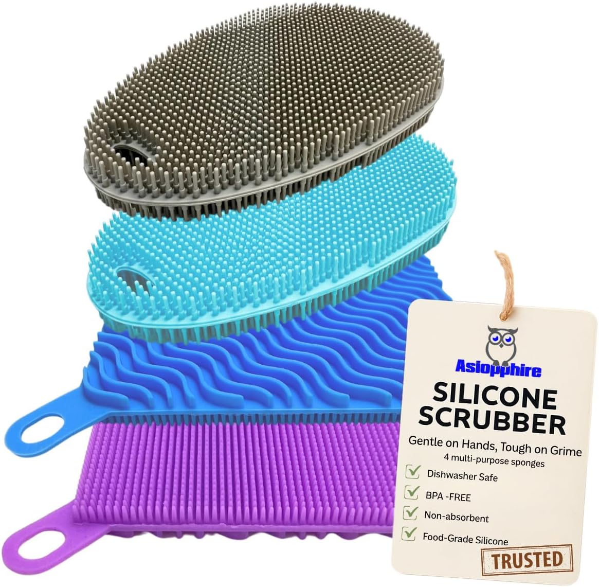 Silicone Sponges for Dishes - 4 Pack Dual-Sided Dish Scrubber and Sponge - Food Grade, BPA Free Silicone Dish Sponge & Housecleaning