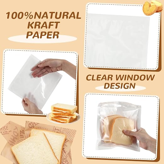 Outus 100 Pcs Cookie Packaging Bags with Seal, 7.1 x 7.5 Inch, White | Bakery Pastry Bags with Window, Heat Sealable Grease Resistant Paper to Go Bake Sleeves for Gift Giving Donut Bread Sandwich - Image 3