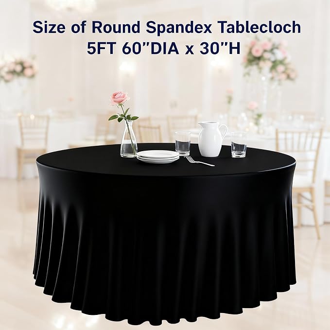 10 Pack Black Round Spandex Tablecloths for 60in Tables, 120 Inch Stretch Fitted Table Skirts, Wrinkle-Free Washable Polyester Covers for Wedding, Banquet & Party - Image 2
