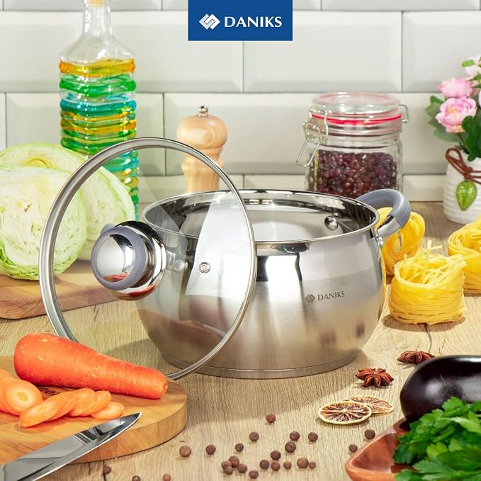 Daniks Modern 2 Quart Stainless Steel Stock Pot with Glass Lid, Tri-Ply Bottom for Even Heating, Induction Compatible, Dishwasher Safe, Heatproof Handles - Image 2