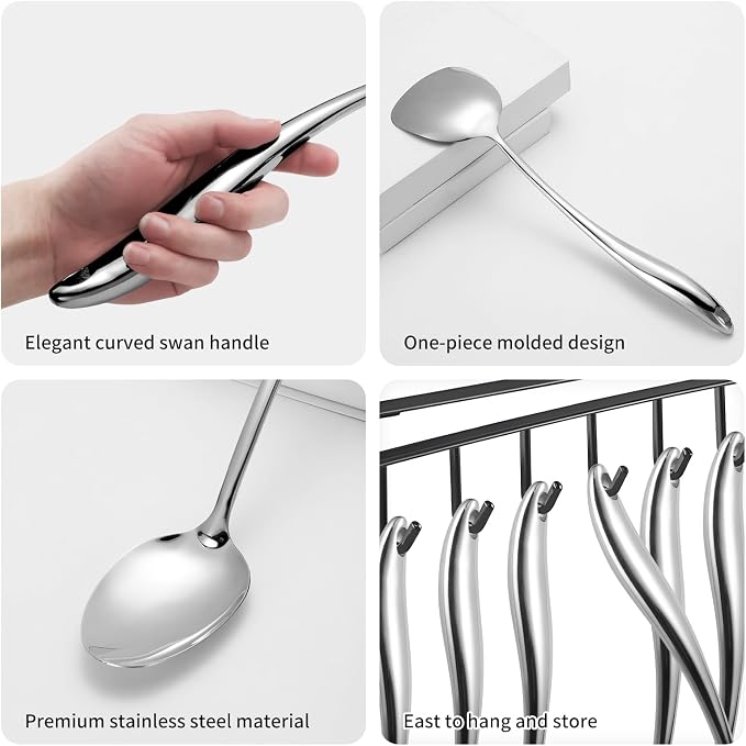 304 Stainless Steel Kitchen Utensils Set, 6 Pcs Long Metal Cooking Utensil with Spatula, Solid Spoon, Ladle, Skimmer, Spaghetti Spoon, Meat Fork, Dishwasher Safe - Image 5