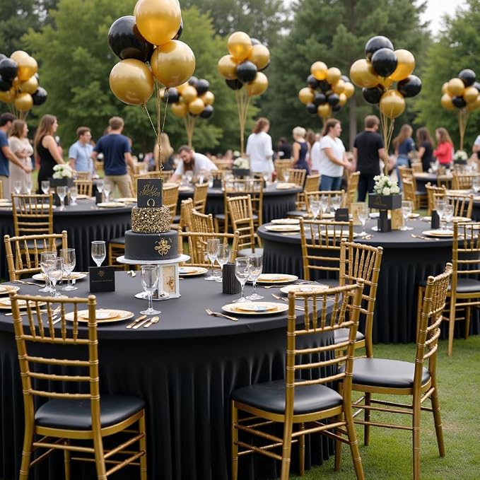 leegleri 10 Pack Spandex Black Round Tablecloths for 72in Table, Wrinkle Free Fitted 6FT Round Table Cover with Skirt for Wedding Birthday Party Bridal Shower Banquet - Image 4