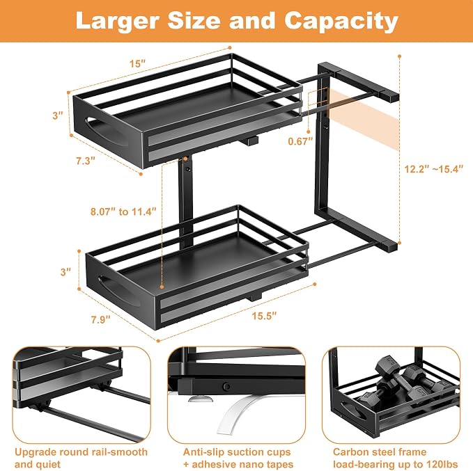 mixeshop Under Sink Organizer, 2 Tier Under Sink Organizers and Storage, Adjustable Height, Slide out Metal Cabinet Organizers, Pull out Cabinet Storage Drawer Shelf for Kitchen Bathroom (Black, 2) - Image 4