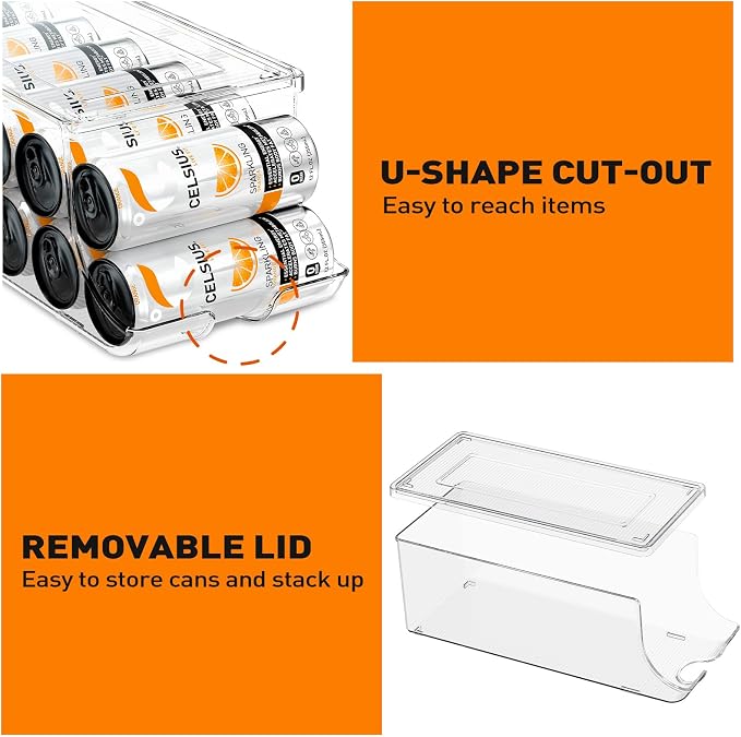 SCAVATA 4 Pack Skinny Can Organizer for Refrigerator, Stackable Tall Skinny Soda Pop Can Holder Dispenser with Lid for Fridge Pantry Rack Freezer, Clear Plastic Storage Bins-Holds 12 Slim Cans Each - Image 4