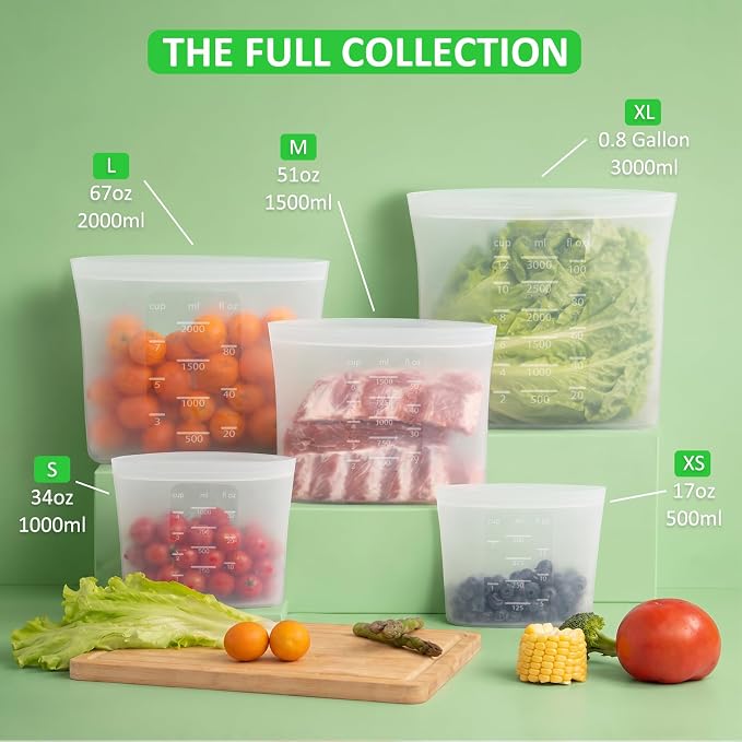 100% Platinum Silicone Reusable Food Storage Bags, 4 Pack, 51fl.oz/1500ml | Premium Silicone Reusable Storage Bag, Stand-Up Wide-Mouth Ziplock, Medium Size, Freezer Microwave Dishwasher Safe, Clear - Image 8