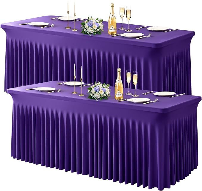 Wish Care 2 Pack Dark Purple Spandex Table Clothes for 4 Foot Rectangle Tables, 4FT Wrinkle Free Fitted Tablecloths Ruffles Design Table Cover for Party, Banquet, Wedding and Events by WishCare
