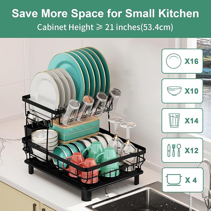 MOUKABAL 2 Tier Dish Drying Rack with Drainboard for Kitchen Counter, Black - Image 6
