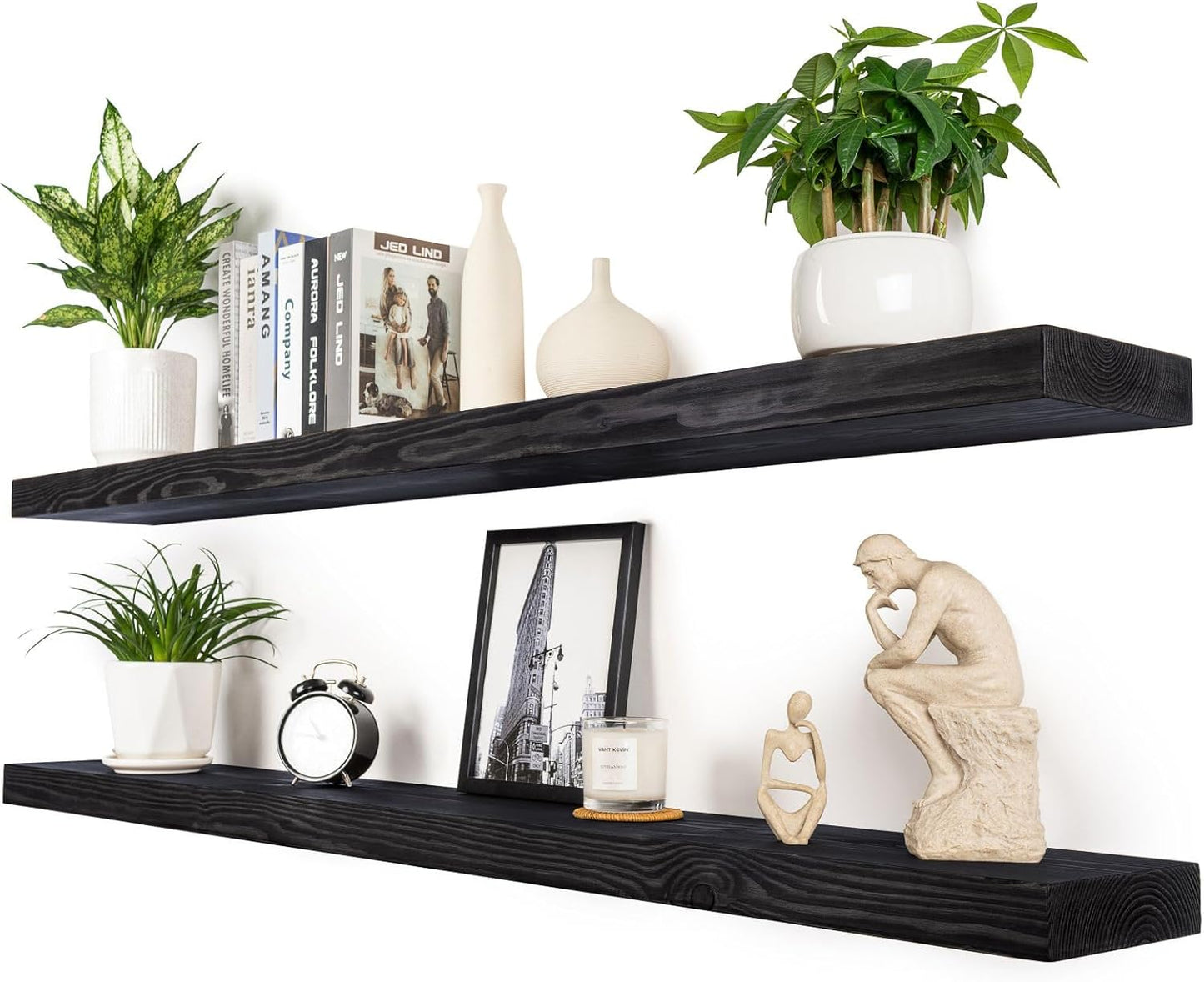 60 inch Black Floating Shelves for Wall 8 -inch deep Set of 2, Heavy Duty Solid Wood Wall Mounted Shelves for Living Room Kitchen with Thickened Hidden Bracket