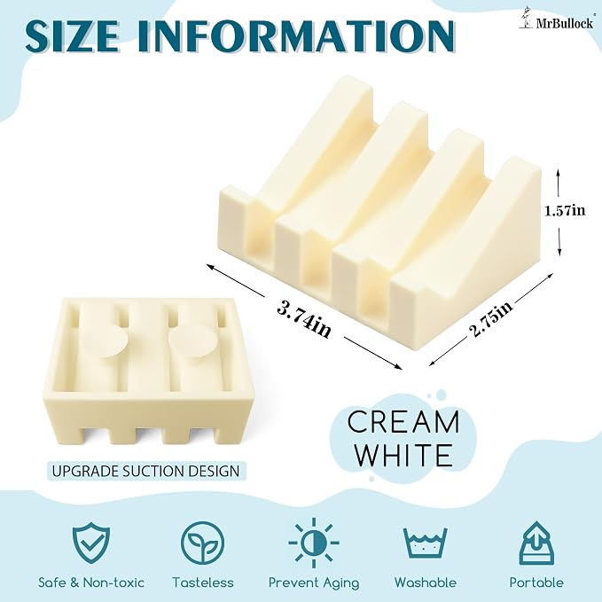2 Pack Self Draining Silicone Soap Dish for Shower & Kitchen - Waterfall Bar Soap Holder Tray, Non-Slip Soap Saver Keeps Soap Dry, Easy to Clean, Extends Soap Life (CreamWhite) - Image 2