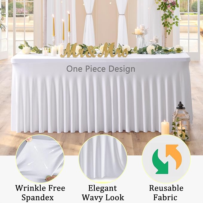 4 Pack Spandex White Tablecloths for 8 Foot Rectangle Tables, Wrinkle Free Fitted Table Cloth 8ft Stretchy Tablecover Desk Skirt for Parties Weddings Birthday Banquet Baby Shower - Image 3
