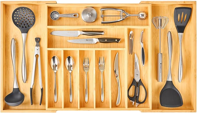 Umilife Extra Large Expandable Kitchen Siverware Utensils Drawer Organizer, 19" Deep for Big Drawer, Adjustable Bamboo Wood Drawer Divider with Curved Grooves, Cutlery Tray Flatware Holder by Umilife