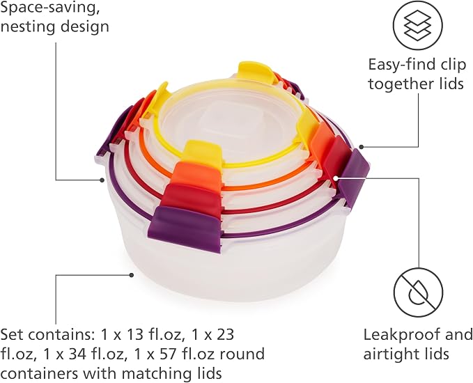 Joseph Joseph Nest Lock 8-piece Plastic BPA Free Round Food Storage Container Set with Lockable Airtight Leakproof Lids - Multicolor - Image 4