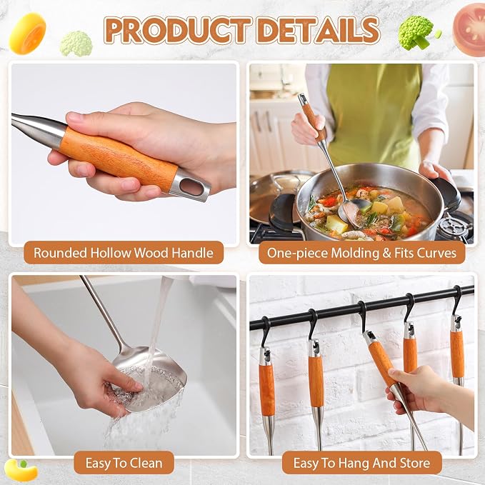 Teenyyou 9 Pcs 304 Stainless Steel Utensils Set with Wood Handle Metal Cooking Tool Spatula, Solid Spoon, Slotted Spoon, Fork, Ladle, Skimmer, Slotted Spatula Spaghetti(brown,wooden) - Image 5