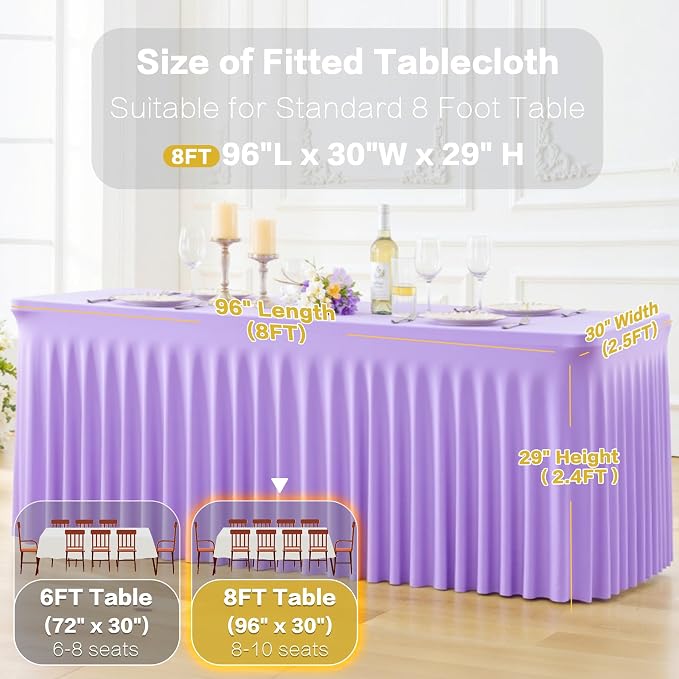 2 Pack Purple Table Cloth for 8 Foot Rectangle Tables Spandex Fitted Tablecloth 8ft Stretch Table Covers Skirt Purple Banquet Tablecloths Wrinkle Free Tablecloth for Party Wedding Birthday Event - Image 5