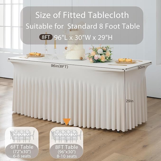 6 Pack Beige Spandex Table Clothes for 8 Foot Rectangle Tables, Wrinkle Free Fitted Table Cover 8ft Stretch Tablecloths Desk Skirt for Parties Weddings Birthday Banquet Baby Shower - Image 6