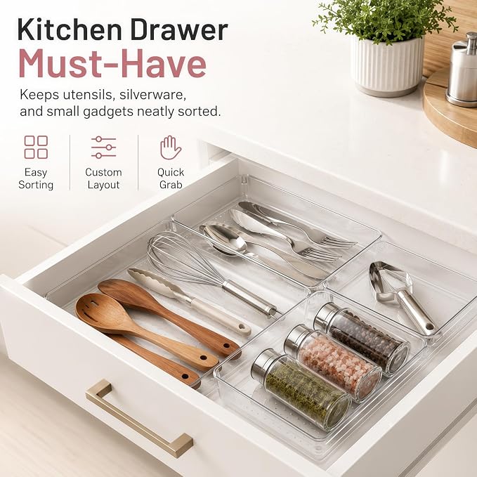 12 Pack Large Drawer Organizer Bins - Clear Plastic Bathroom Drawer Organizer Trays - Heavy Duty Kitchen Drawer Dividers for Utensils - Non-Slip Storage Bins for Makeup, Bedroom, Office Desk - Image 5