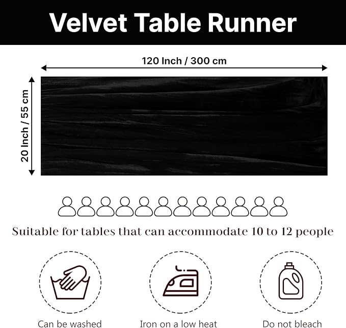 MDS® Pack of 20 | Black | Velvet Table Runner 20 x 120 Inches 10ft Long Luxurious Soft Romantic Wedding Runners for Party Reception Bridal Shower Birthday Banquets Dinner Table Decoration - Image 2