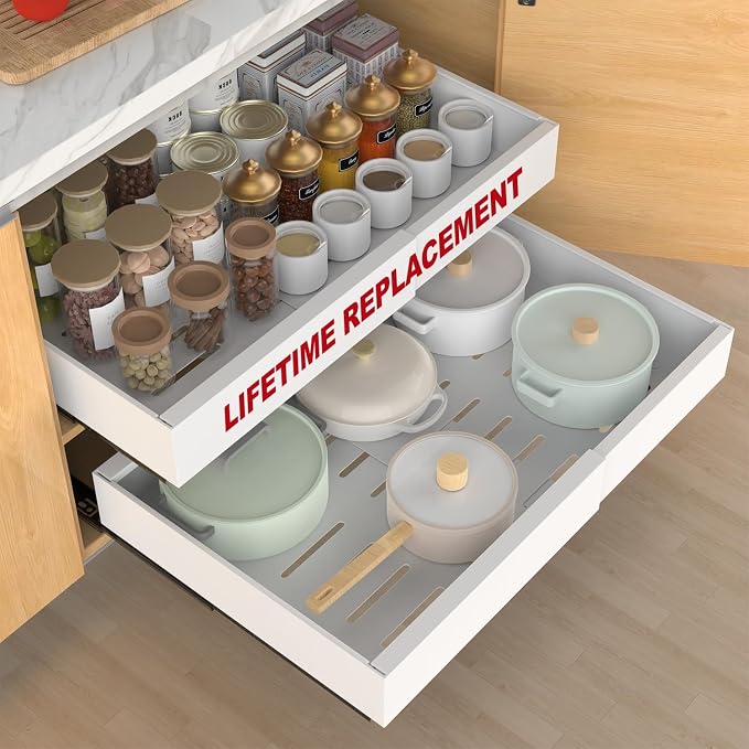 ANTOWIN 1-Pack Expandable Pull Out Cabinet Organizer 21"Deep(12.2"-20.5"W), 3 Full Extension Glides Slide Out Drawers, Roll Out Shelves Adhesive Raising Pad,Compatible Framed Cabinets,90lb Cap,White by ANTOWIN