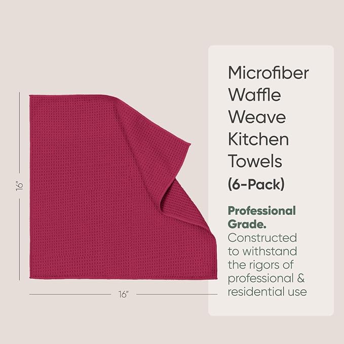Kitchen Towels - Microfiber Waffle Weave Towels | Absorbent, No Lint, Thick, Reusable, Commercial, Soft, Hand, Tea, Glass, Bar, Sublimation Blank, Polyester Cloths (Red, 16 x 16 (6 Pack)) - Image 2
