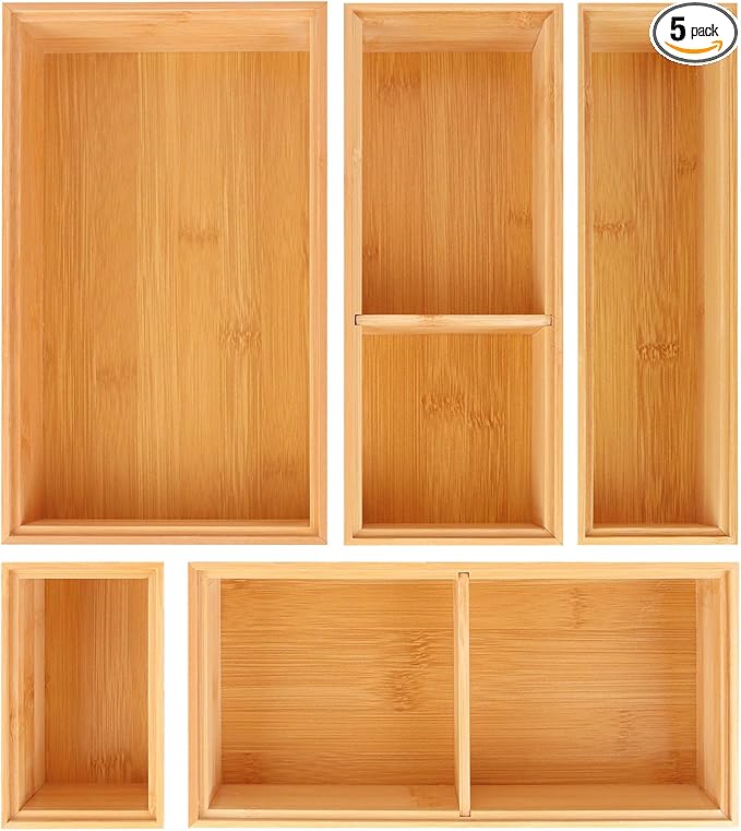 Bamboo Drawer Organizer,5 PCS Silverware Organizer & Kitchen Organizers and Storage,Utensil Drawer Organizer With Removable Dividers for Kitchen,Utensils,Bathroom,Office,Makeup(Natural) by Bxngjuj
