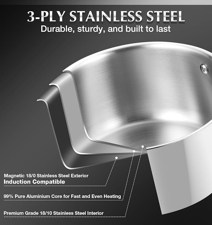 KOCH SYSTEME CS Triply Stainless Steel Saucepan Set, 1QT & 2QT & 3QT Stainless Steel Pot Set with lid, Diswasher & Oven Safe, Induction Compatible Pot, 6PCS - Image 7