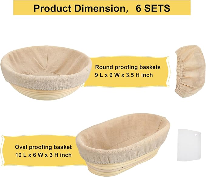 Geetery 6 Pack Bread Banneton Proofing Baskets 10 Inch Oval and 9 Inch Round Rattan Sourdough Baskets Dough Proofing Bowls with Liners and Dough Scraper for Home Sourdough Bread Baking Supplies - Image 3