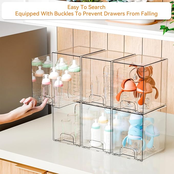 Yieach 2 Pack Clear Stackable Storage Drawers,7.6" H Baby Bottle Organizer,Acrylic Drawer Containers for Cosmetics,Skincare,Beauty Products,Cabinet,Vanity,Kitchen,Under Sink and Bathroom Storage Bins - Image 5