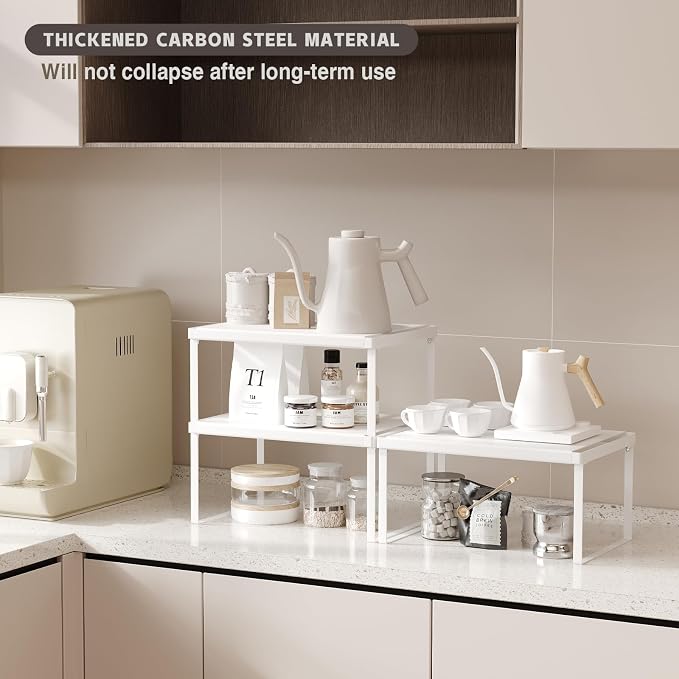 Magheo Cabinet Organizer Shelf Riser, Stackable Spice Rack for Countertop/Cabinet, Pantry Organizers and Storage, Heavy Duty Kitchen Counter Shelves for Seasonings,Bowls,Coffee Makers (3 Pack, White) - Image 6