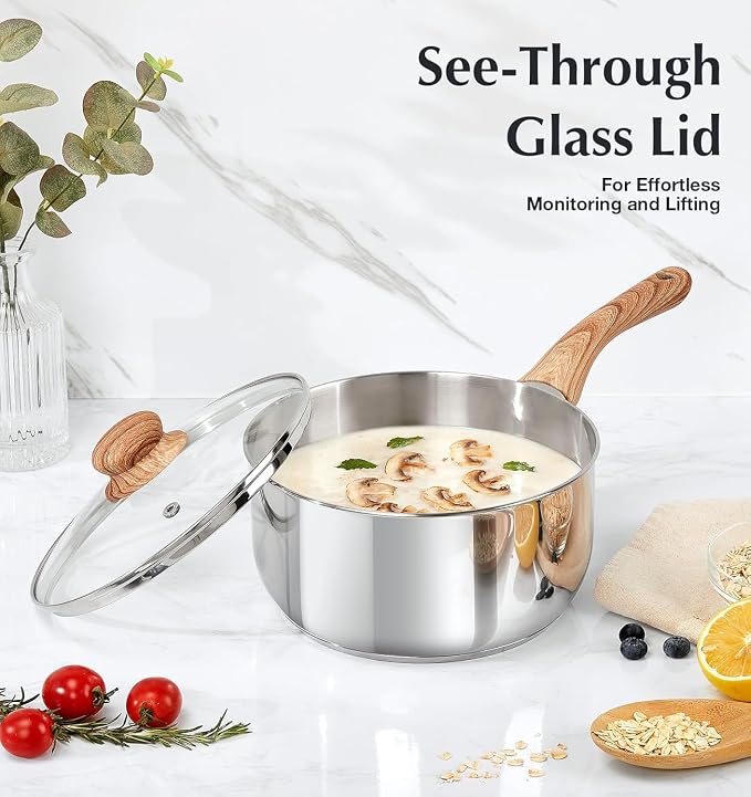 KOCH SYSTEME CS Stainless Steel Saucepan, 1 Quart Saucepan with Lid & Heat-resistant Bakelite Handle, Tri-ply Bottom Steel Sauce Pan with Lid, Induction Ready, Stainless Steel Pot 1QT - Image 4