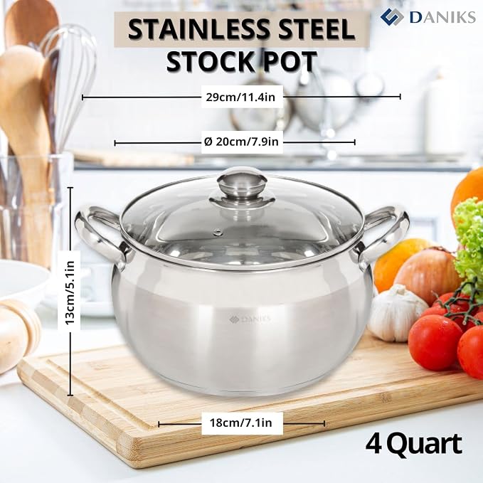 Daniks Classic 4 Quart Stainless Steel Stock Pot with Glass Lid, Tri-Ply Bottom for Even Heating, Induction Compatible, Dishwasher Safe - Image 3