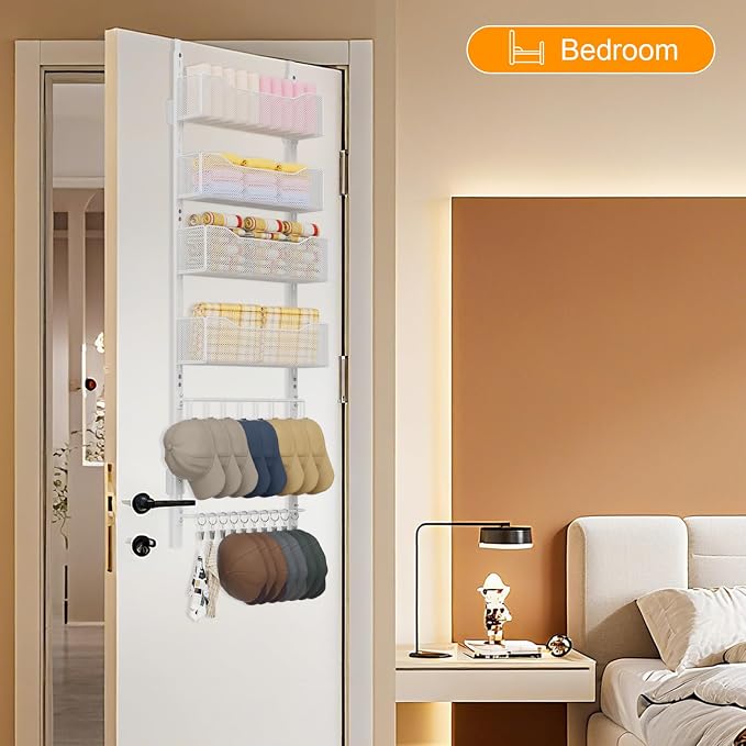 Over the Door Organizer, 2 in 1 Metal Hanging Closet Organizer & Hat Rack with 4 Adjustable Baskets, 8 Hooks, 10 Clips, Behind The Door Storage for Bedroom, Bathroom, Entrance, Closet, Kitchen, White - Image 2