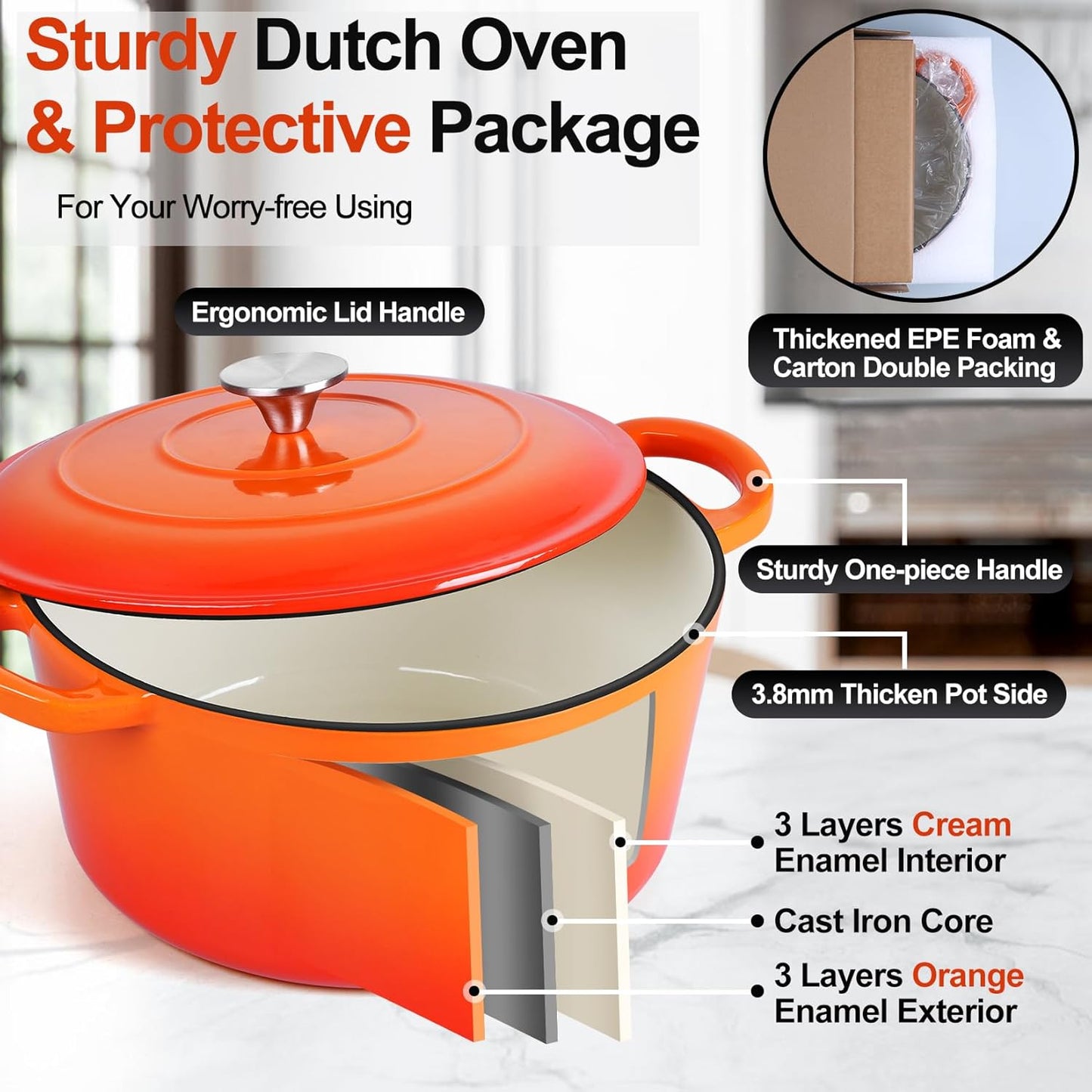 P&P CHEF 6QT Enameled Dutch Oven, Cast Iron Dutch Oven Pot with Lid for Bread Baking, Enameled Casserole Pot for Roasting Braising Stewing Frying Simmering, Various Stoves & Easy Clean, Orange