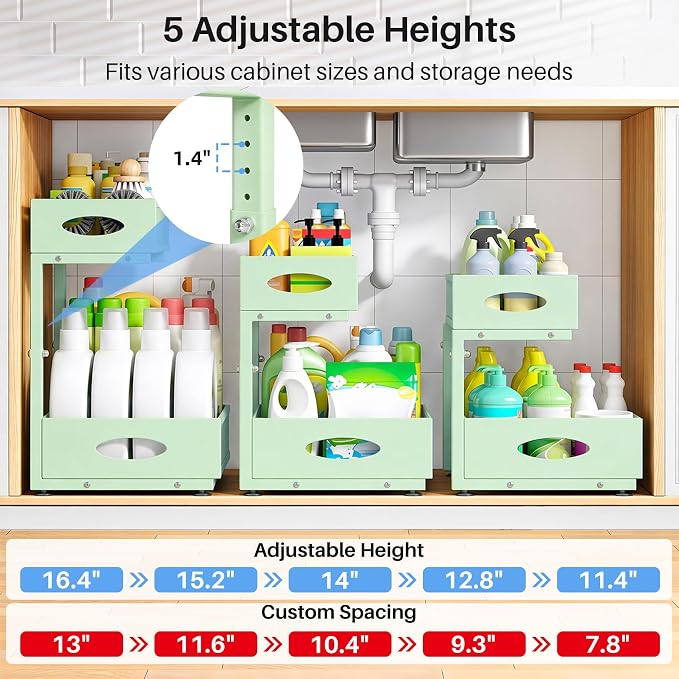 Under Sink Organizer, 2 Pack 2 Tier Pull Out Under Cabinet Organizer Shelf with Pad for Framed Cabinets, Metal Slide Out Under Sink Storage, Mesh Sliding Drawers for Kitchen Bathroom Laundry, Green - Image 5