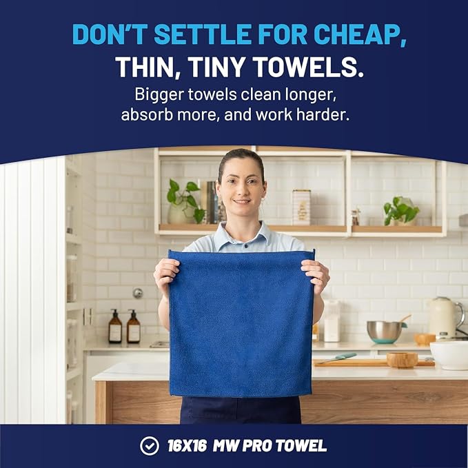 MW PRO Microfiber Cleaning Cloths Dark Blue 12 Pack, 12x12 - Commercial Janitorial Towels & Lint Free Rags - Heavy Duty for Auto Detailing, Glass Windows, Housekeeping & Screens - Washable 300+ Times - Image 3