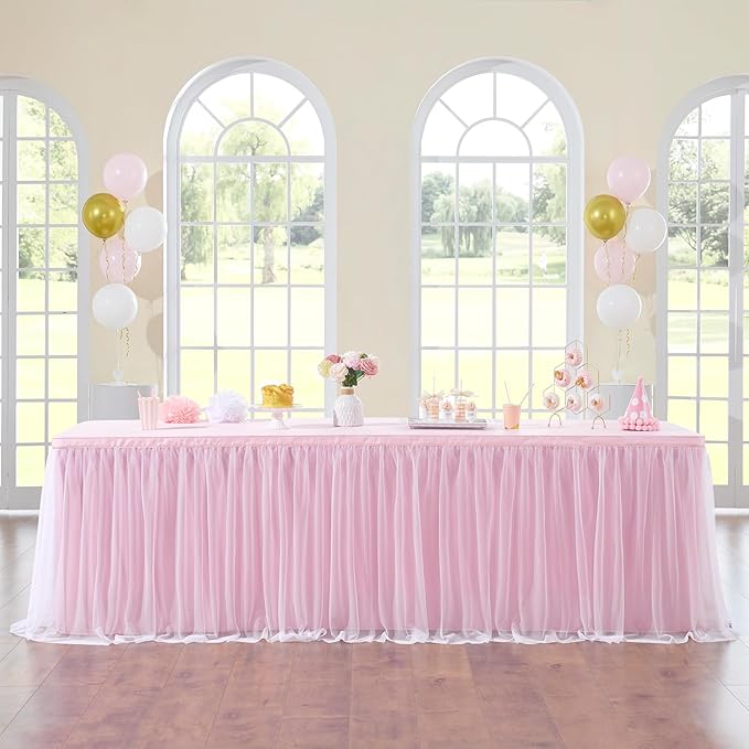 252in Baby Pink Tulle Table Skirts for Rectangle Tables 8ft, 2-Layer 21 ft Long Gold Grim Princess Pink Ruffle Tulle Tutu Table Skirt Cloth for Girl Birthday Baby Cake Dessert(No Table Cover) by ENJOYYOURPARTY