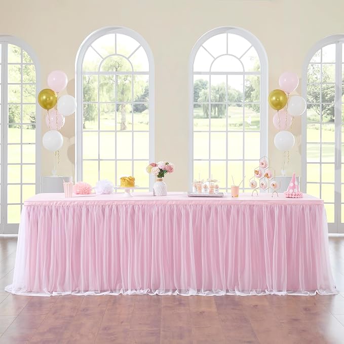 156in Baby Pink Tulle Table Skirts for Rectangle Tables 8ft 6ft, 2-Layer 13 ft Long Gold Grim Princess Pink Ruffle Tulle Tutu Table Skirt Cloth for Girl Birthday Baby Cake Dessert(No Table Cover) by ENJOYYOURPARTY