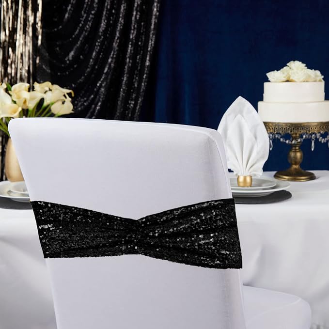 SquarePie Pack of 50 Sequin Chair Sashes Glitter Black Bows Bands for Wedding Banquet Party Decor - Image 6