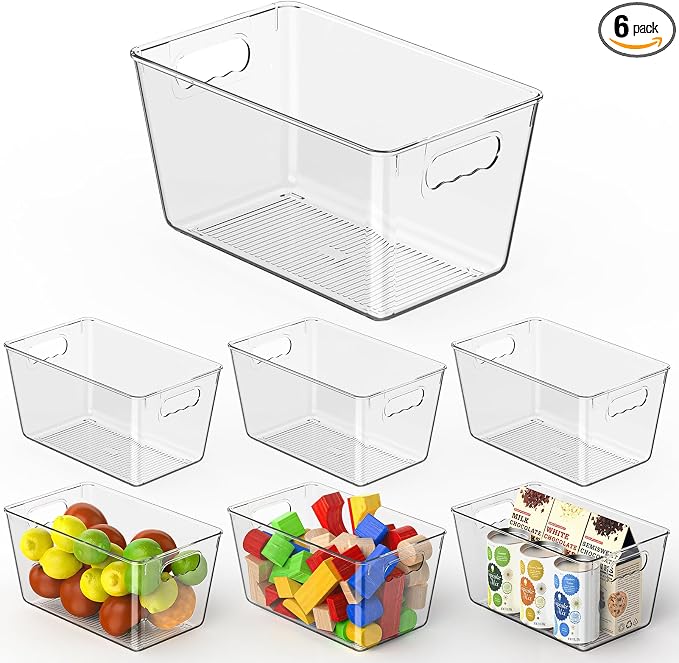 Clear Fridge Organizer Bins with Handles, 6 Pack Medium 10×6×5 Inch by KJIXYUNG