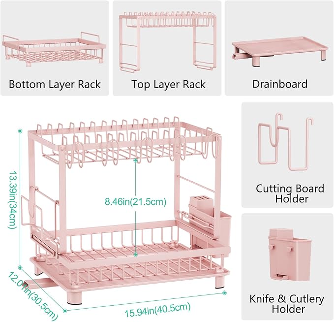2-Tier Dish Drying Rack for Kitchen Counter, Space-Saving, Pink - Image 6
