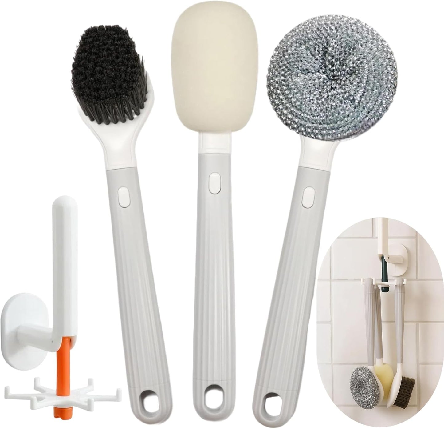 Dish Brush with Handle,4-Pieces Dish Brush Set with Holder,Replaceable Brush Heads Long Handle Kitchen Scrubber,for Pots,Sink,Pans &Bottles.Gray