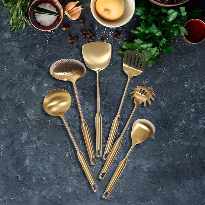 7-Piece Gold Kitchen Utensils Set with Rotating Stand, Food-Grade 304 Stainless Steel Kitchen Cooking Utensils Set Includes Spatula, Slotted Turner, Ladle, Skimmer, Pasta Server, Large Rice Spoon - Image 5