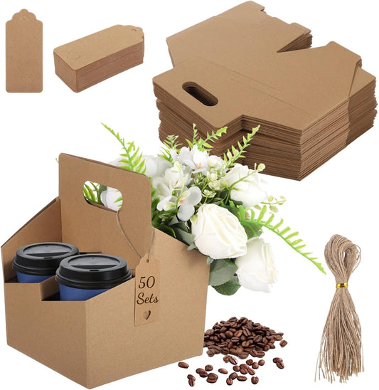 50 Sets Drink Carriers with Handles, 4-Cup Disposable Cup Holder Cardboard, Coffee Cup Holders with Cards & Ropes, Takeout Beverage Holders, Serve Cold & Hot Drinks