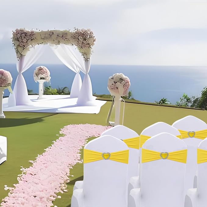 Yellow Chair Sashes 50 Pack Spandex Yellow Sashes for Chairs Covers Universal Stretch Chair Sashes Band with Heart Buckle Slider Sashes Bows for Wedding Banquet Party Decorations - Image 6