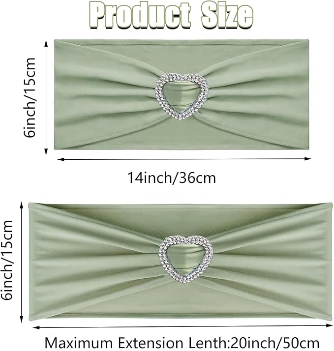 Sage Green Chair Sashes 100 Pack Spandex Sage Sashes for Chairs Covers Stretch Chair Sashes Band with Heart Buckle Slider for Wedding Banquet Party Decorations - Image 2